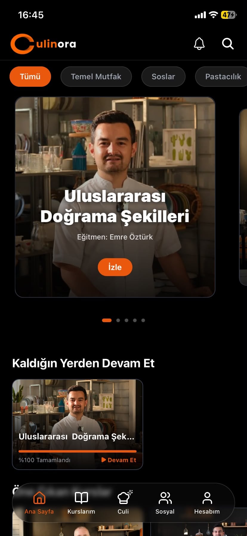 Culinora mobil uygulamasının ana sayfası