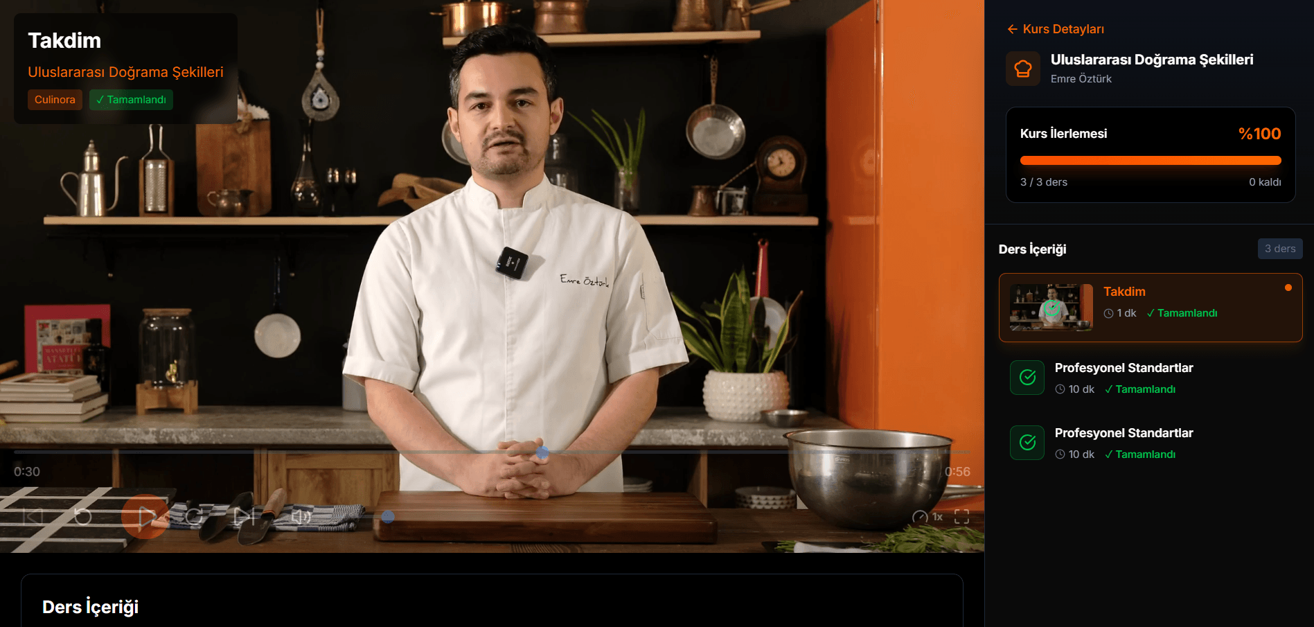 Culinora web uygulamasında ders izleme ekranı
